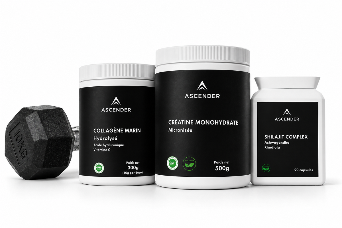 ASCENDER PACK SOMMET - Collagène Marin Hydrolysé, Vitamine C, Acide Hyaluronique 300g + Créatine Monohydrate Micronisée 500g + Shilajit Complex, Ashwagandha , Rhodolia